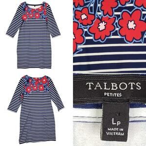 Talbots Dress Womens Size Lp Large Petite Navy Blue Stripe SS Cotton Floral